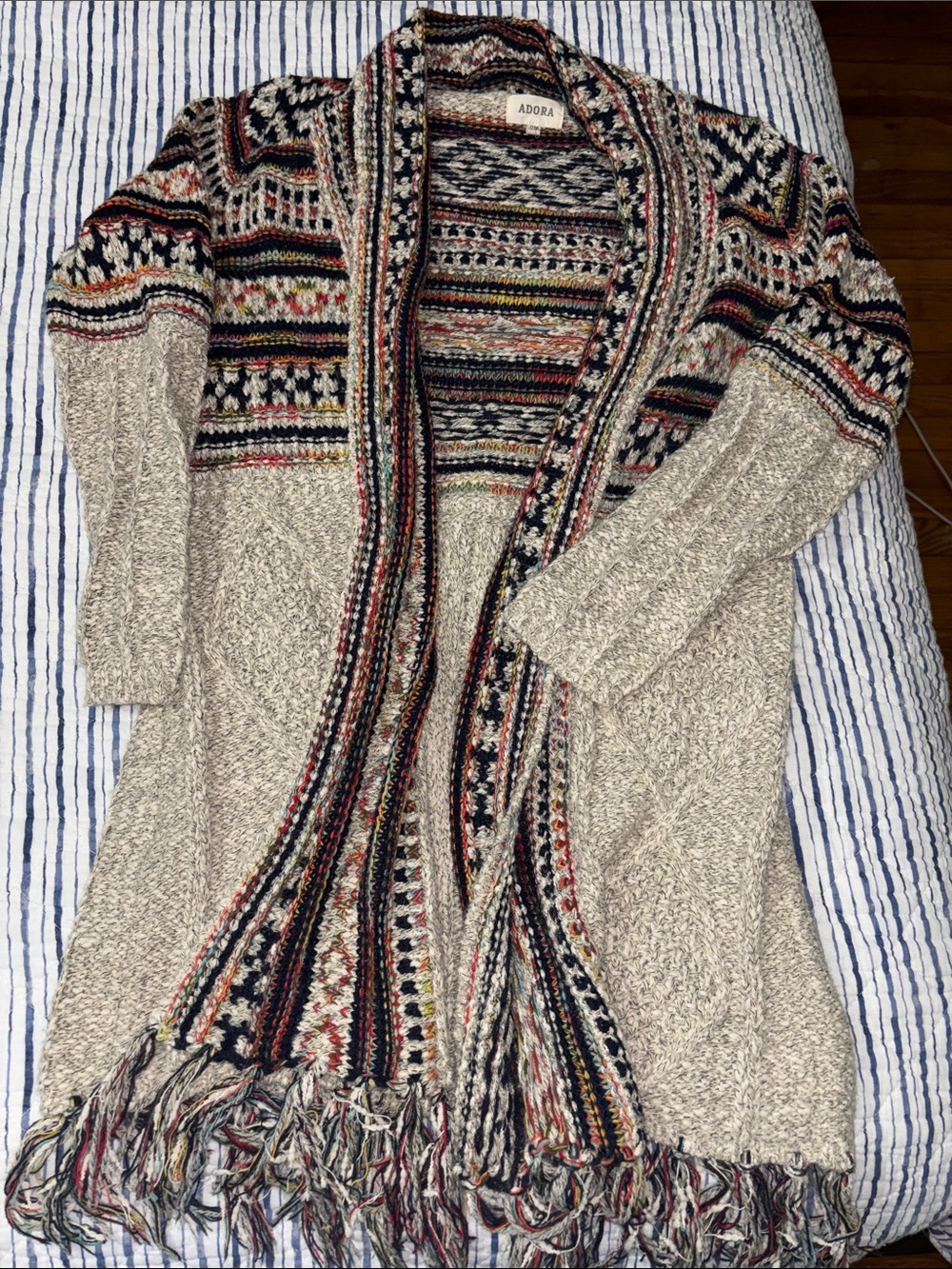 ADORA Cream Multicolor Fair Isle Fringe Cardigan